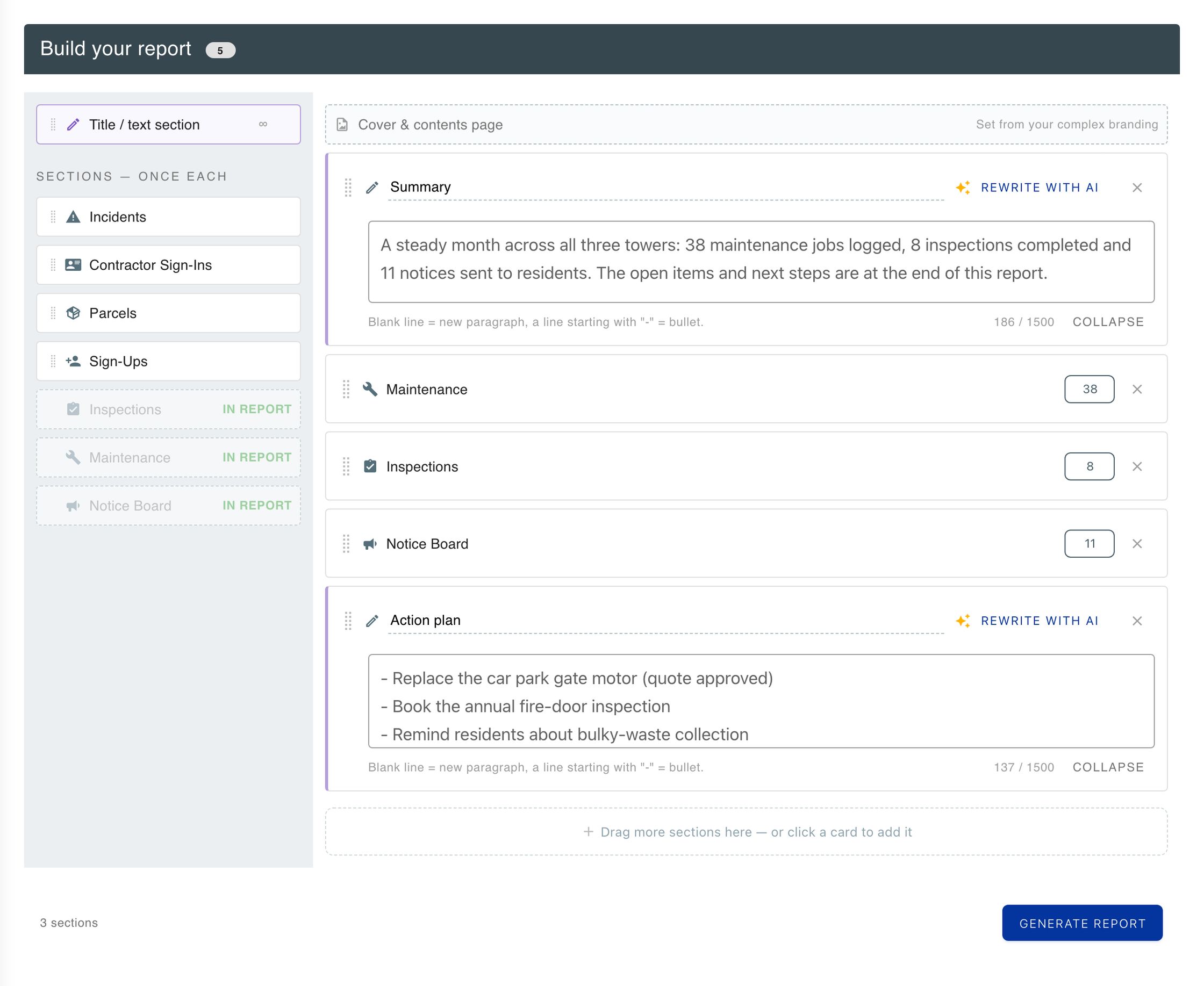 The ComtyLink report builder building a monthly report: a Summary text section first, then Maintenance (38 records), Inspections (8) and Notice Board (11), and an Action plan text section last, with the Generate Report button
