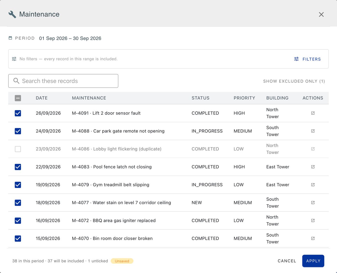 The Maintenance section's preview in the ComtyLink report builder: the period, a filters bar, a search box and the list of jobs with checkboxes; one duplicate job is unticked, and the footer reads 38 in this period, 37 will be included, 1 unticked