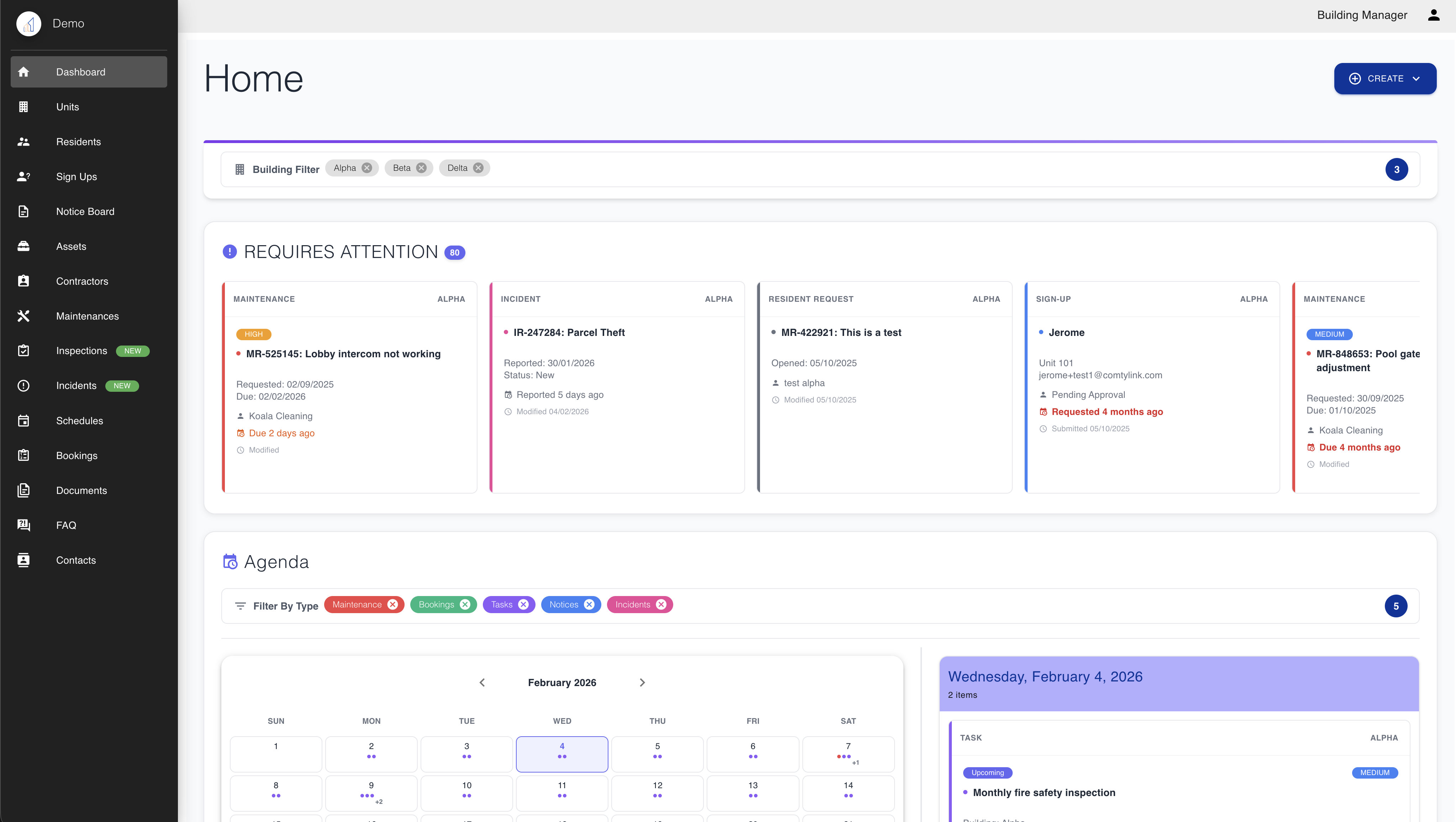 ComtyLink building management dashboard showing maintenance requests, incidents, calendar agenda and multi-building management